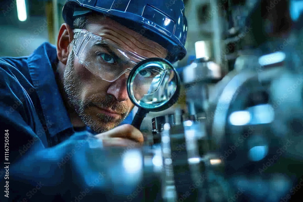 A technician in protective gear closely inspects machinery using a magnifying glass in an industrial environment. The focused expression highlights attention to detail during quality control.