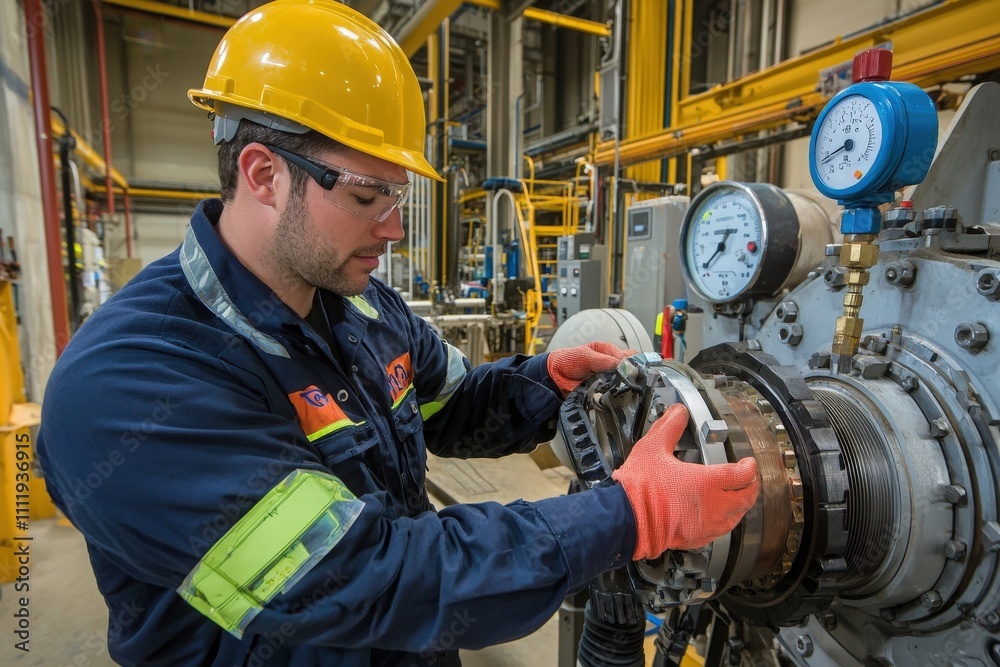 A technician in safety gear inspects and repairs a large mechanical component in a busy manufacturing environment. Bright yellow machinery and tools surround him as he works meticulously.