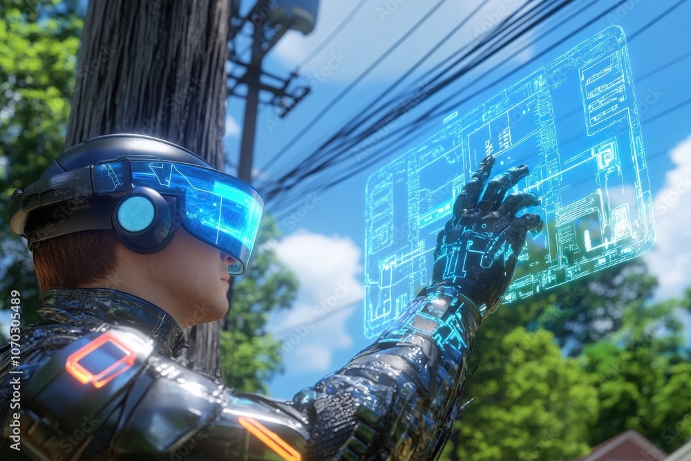 A technician is engaged in a task using augmented reality glasses. They are actively manipulating a holographic interface while standing outside, surrounded by trees and power lines.