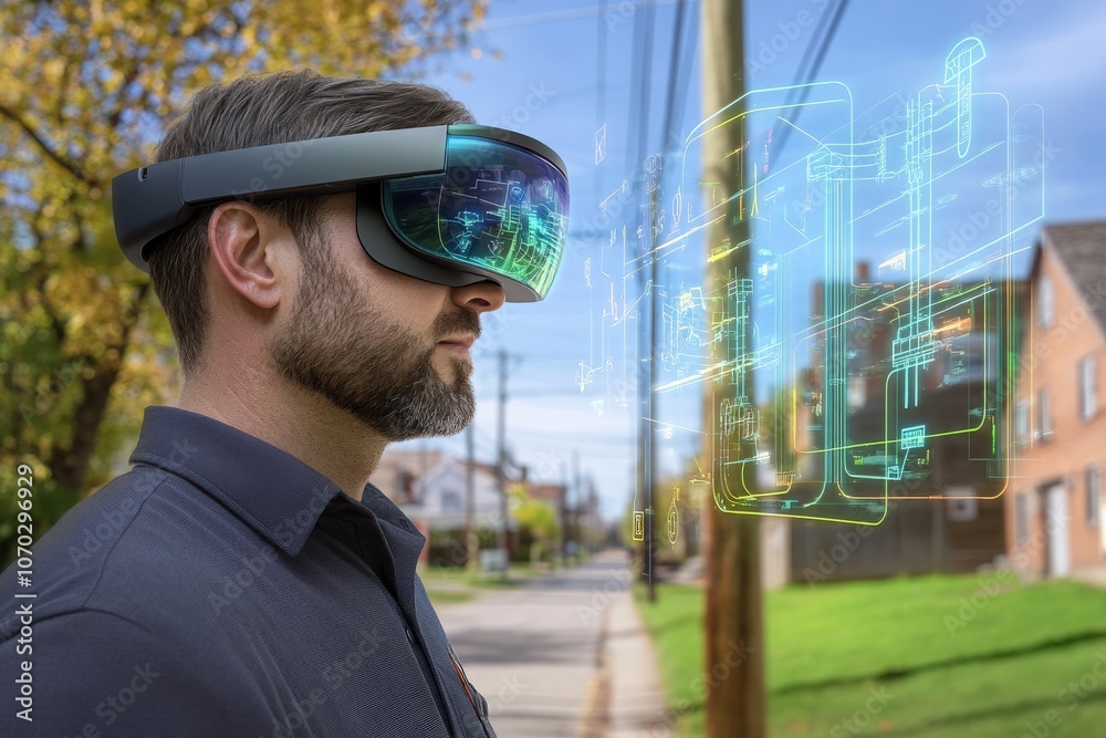 A technician stands on a street wearing augmented reality glasses, intently analyzing virtual data displays. The environment features residential buildings, power lines, and autumn foliage.
