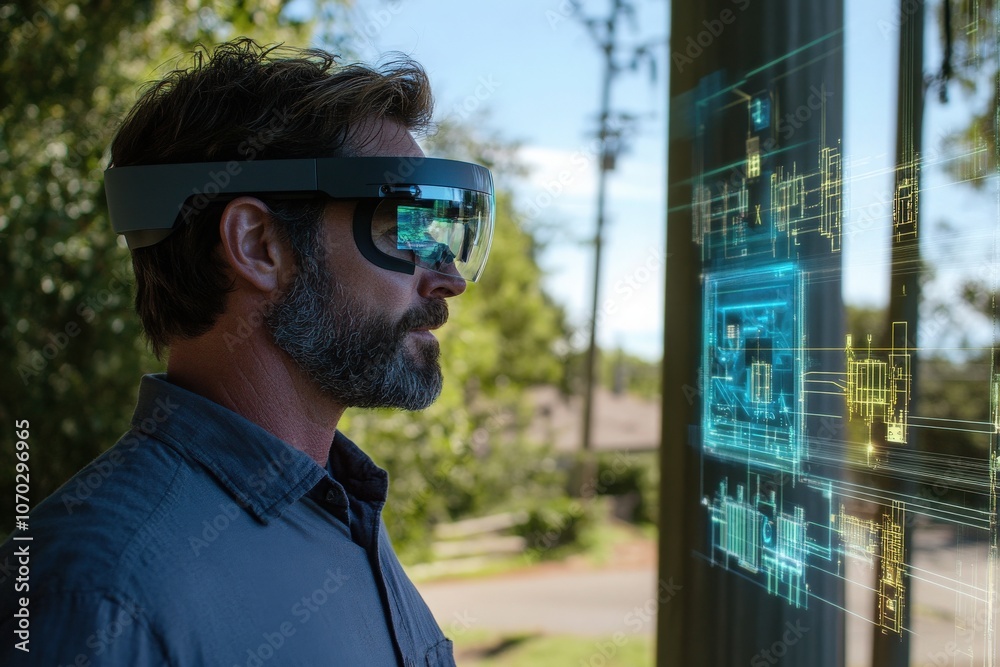 A technician stands outdoors wearing augmented reality glasses, interacting with digital overlays projected in front of him. He analyzes information displayed while focusing on his tasks.
