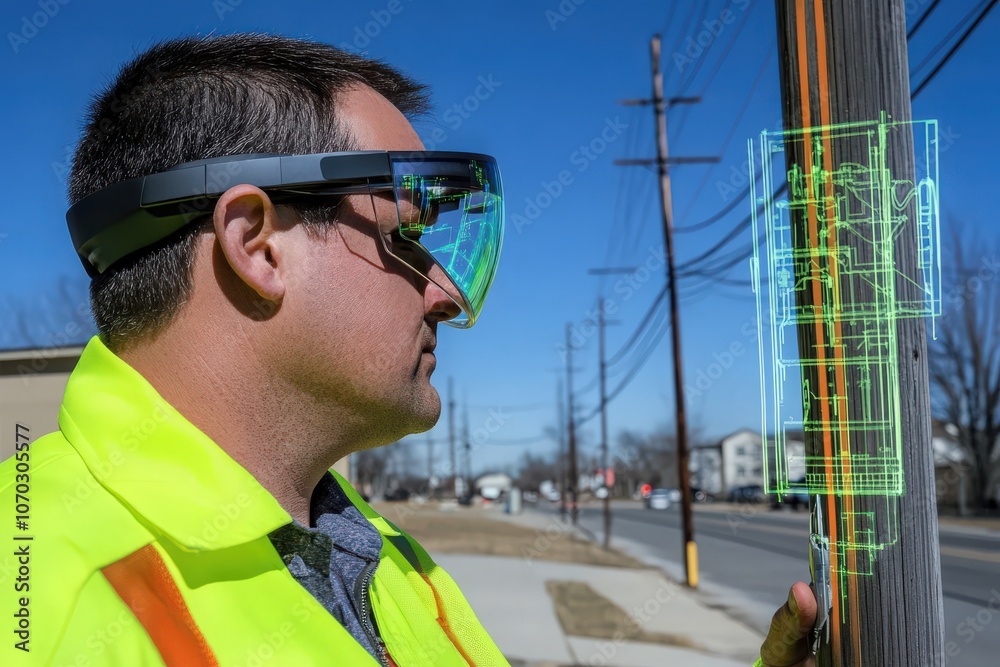 A technician wearing augmented reality glasses closely examines utility equipment on a pole. The bright daylight highlights the focused work in an urban area, showcasing modern technology in action.