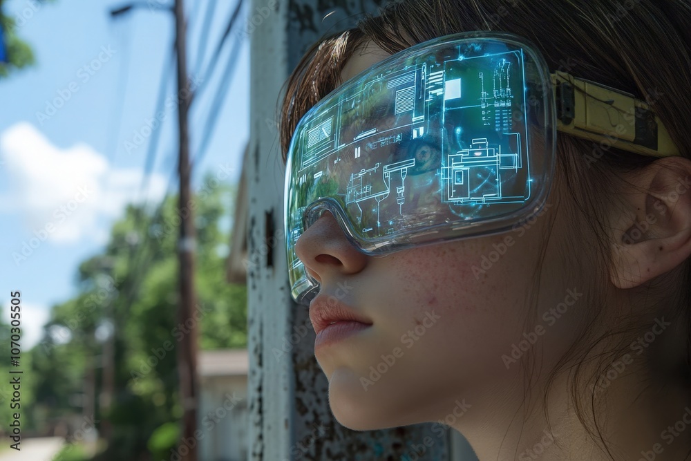 A technician wearing augmented reality glasses stands outside, engaged in a hands-on task, viewing digital overlays, and enhancing their work in a practical environment under a clear sky.