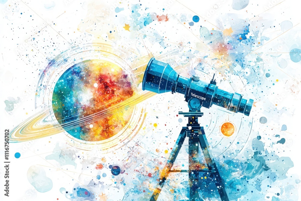 A telescope is aimed at a vivid cosmic scene filled with colorful planets and swirling galaxies. The artwork captures the wonder of stargazing and exploring the universes mysteries.