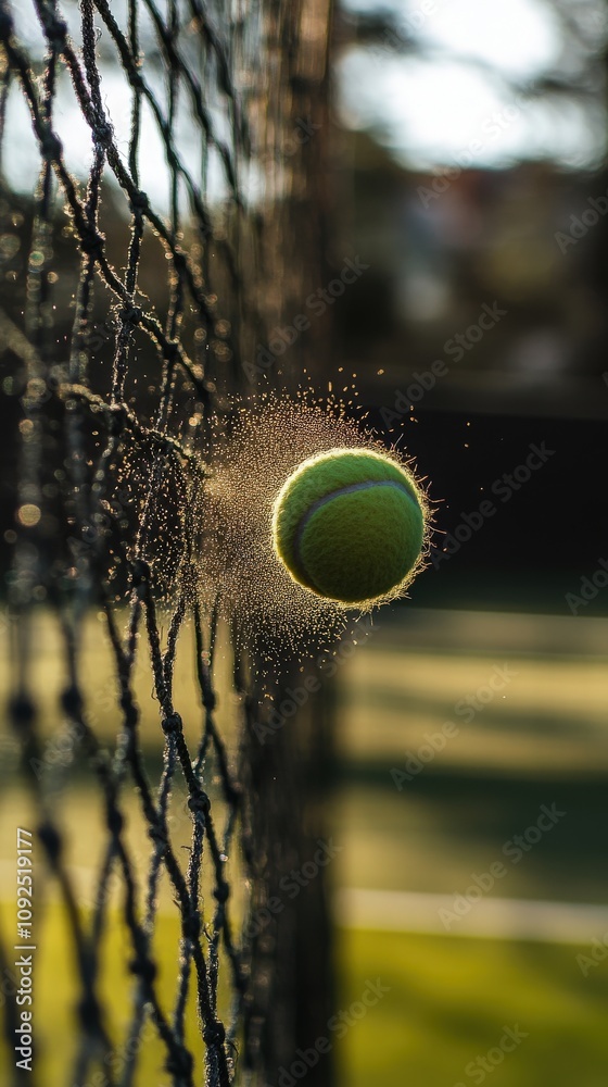 A tennis ball makes contact with the net in an outdoor setting as the sun sets. The moment captures the energy of the game, with a blurred background emphasizing the action.