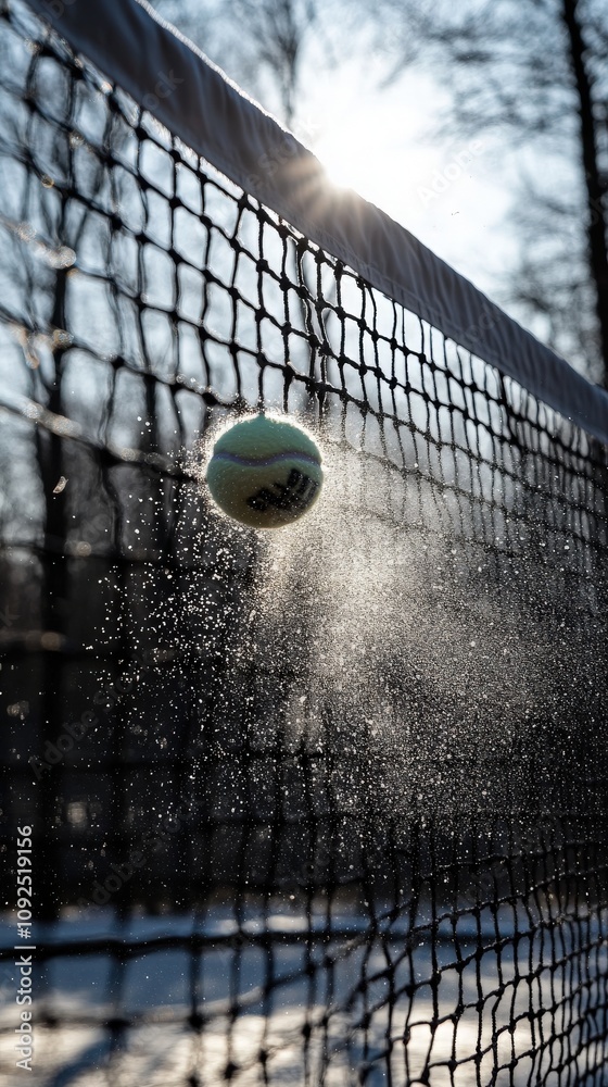 A tennis ball strikes the net, creating a spray of water droplets in the sunlight. The scene captures the excitement of an outdoor match in a wooded area during early spring.