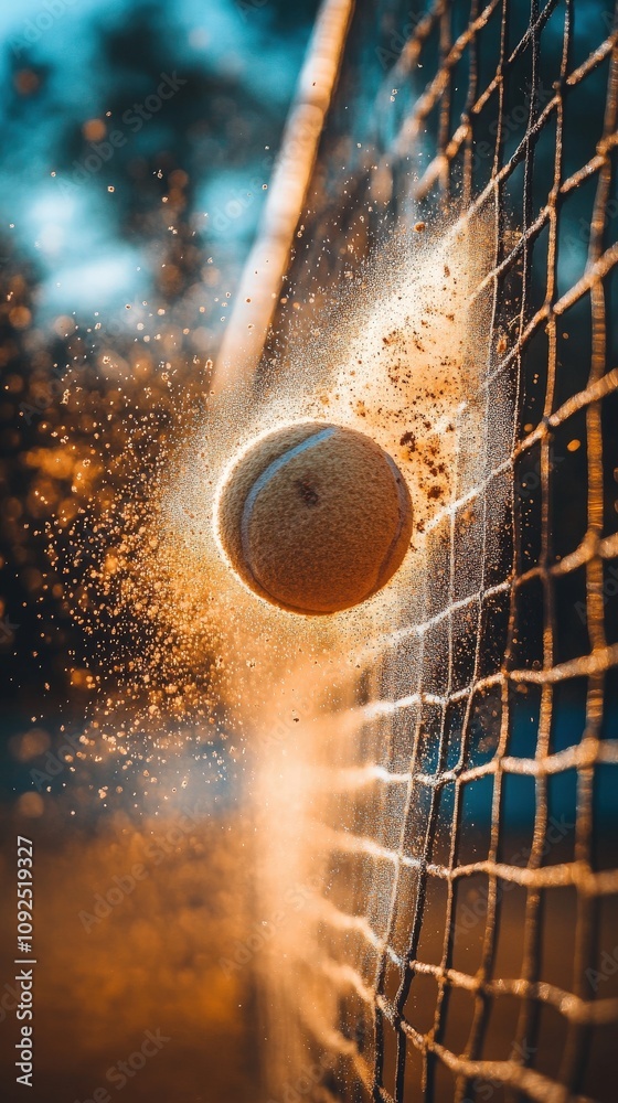 A tennis ball strikes the net with vibrant dust particles scattering around. The bright sunset casts a warm glow, enhancing the excitement of this energetic sports moment.