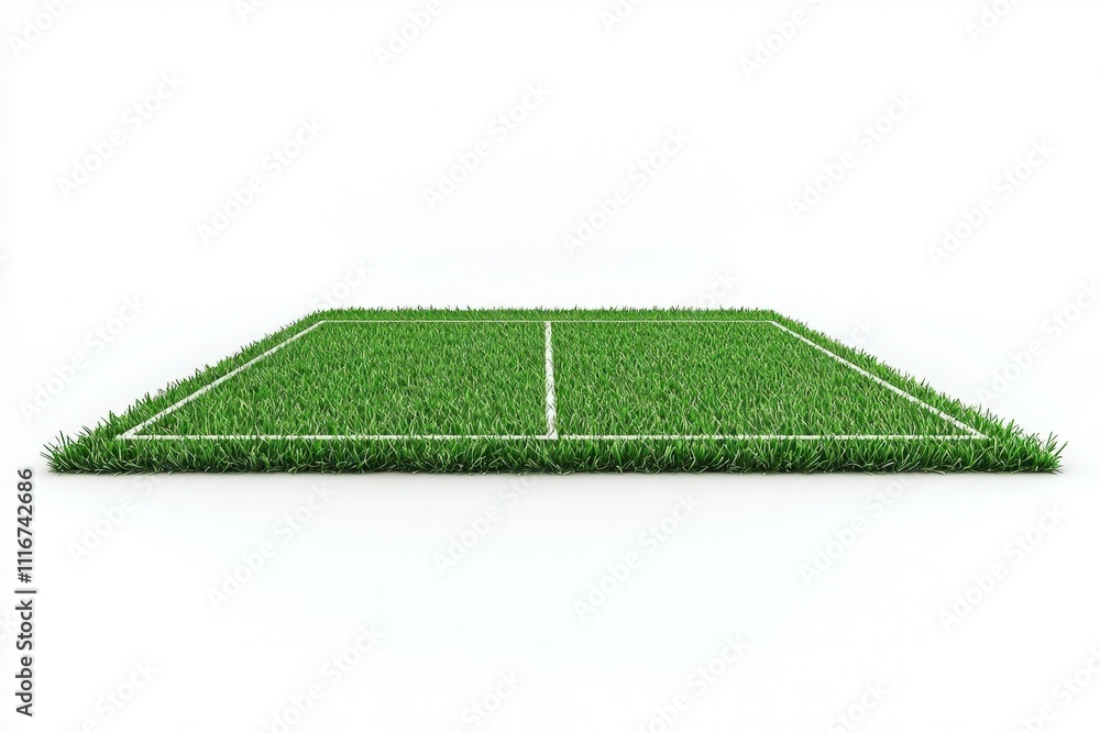A tennis court featuring well-manicured green grass and clear white boundary lines is positioned against a plain background. This setting suggests a professional atmosphere ready for matches.
