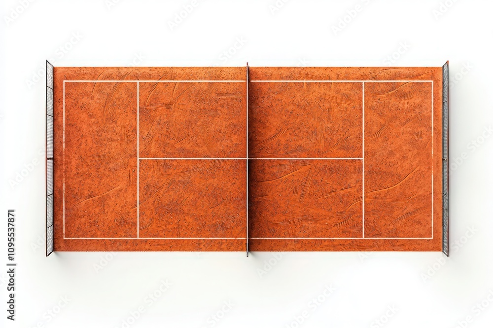 A tennis court with a clay surface is seen from above, displaying distinct lines and areas for play. The vibrant orange color of the court contrasts with the white markings and nets.