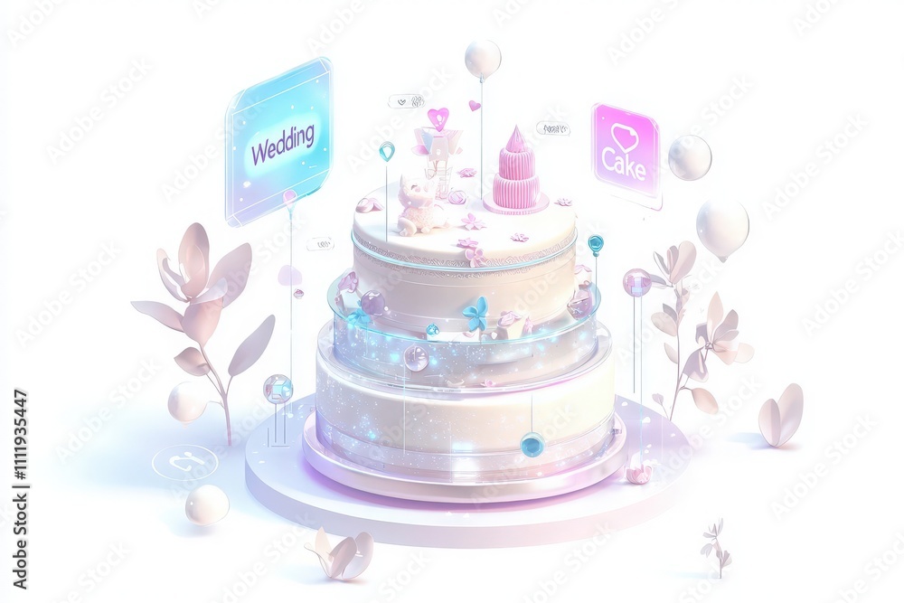 A three-tiered wedding cake features delicate decorations including flowers, butterflies, and a cupcake. Surrounding elements add a whimsical touch, suggesting a blend of tradition and modernity.