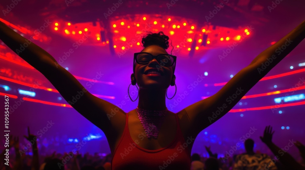 A thrilled audience member raises her arms in joy during a lively concert. Colorful lights illuminate the venue, creating an energetic atmosphere filled with music and excitement.