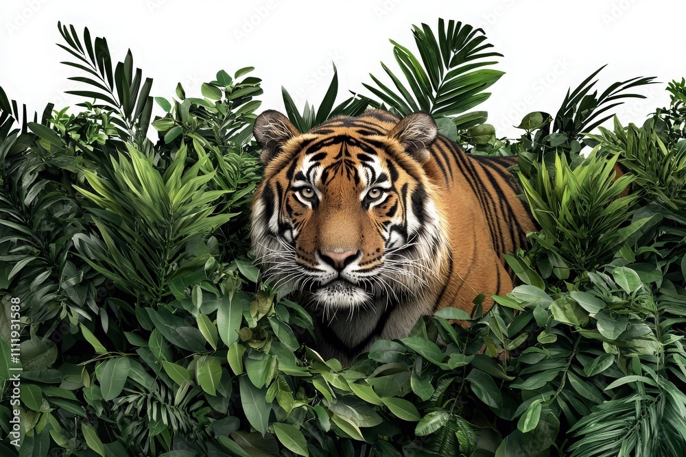 A tiger with striking stripes is camouflaged among dense green plants, showcasing its powerful gaze. The vibrant foliage reflects the rich biodiversity of its natural habitat.