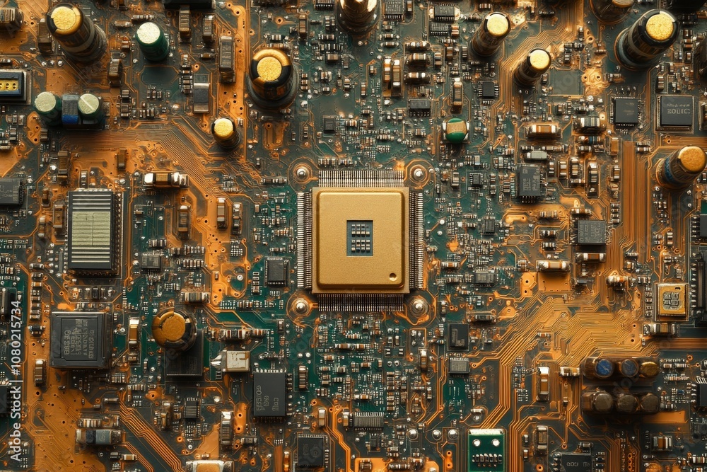 A top-down macro view captures the complexity of a circuit board, highlighting various electronic components like capacitors, resistors, and the central processing unit in vibrant colors.