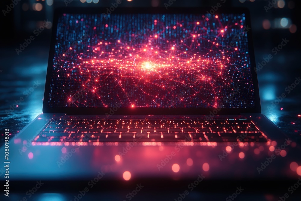 A top-down view reveals a laptop illuminated by dynamic, colorful patterns on the screen, highlighting digital creativity in an atmospheric setting.