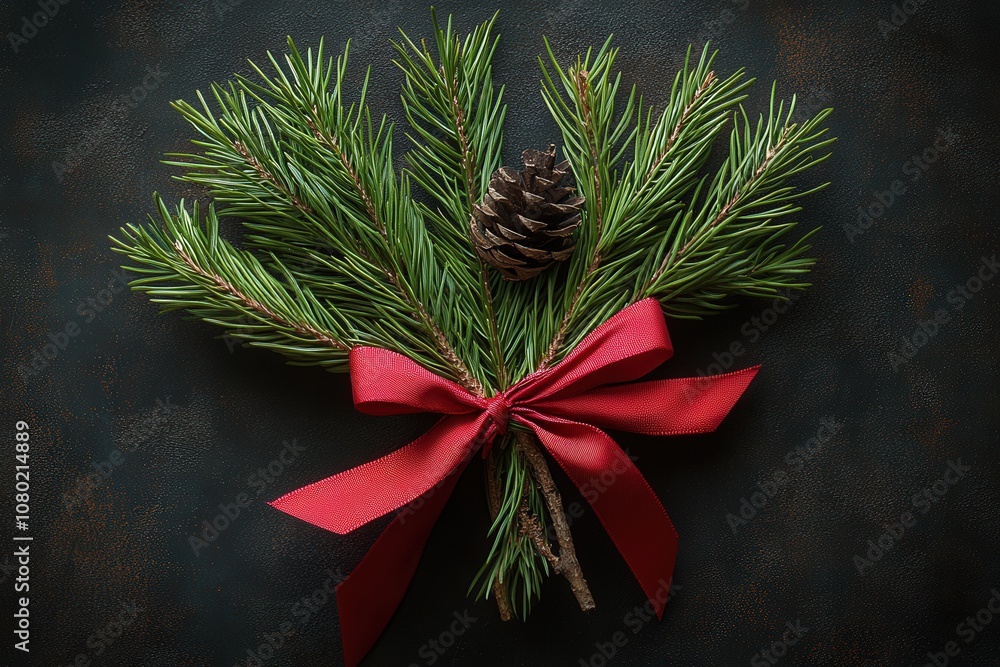A top-down view showcases a festive arrangement featuring pine branches, a pinecone, and a vibrant red bow. The contrast against the dark background enhances the seasonal charm.