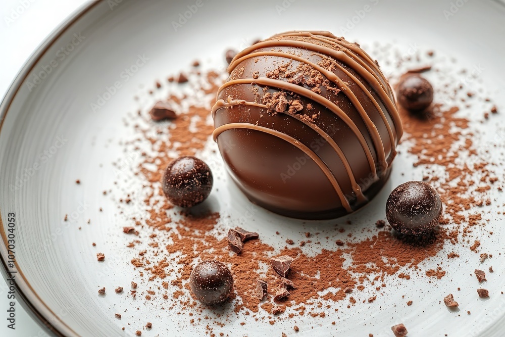 A top-down view showcases a gourmet chocolate dessert elegantly placed on a plate, surrounded by chocolate shavings and round truffles scattered around, highlighting its rich textures and flavors.