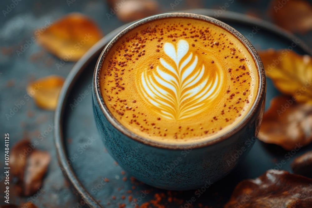 A top-down view showcases a meticulously crafted latte with delicate frothy art, placed in a stylish cup, complemented by scattered autumn leaves, evoking a cozy seasonal vibe.
