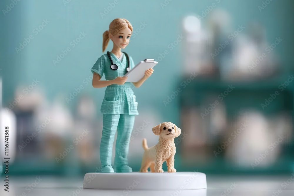 A toy figurine dressed in scrubs stands with a clipboard, closely monitoring a small puppy at a veterinary clinic. The background features medical supplies and soft colors.