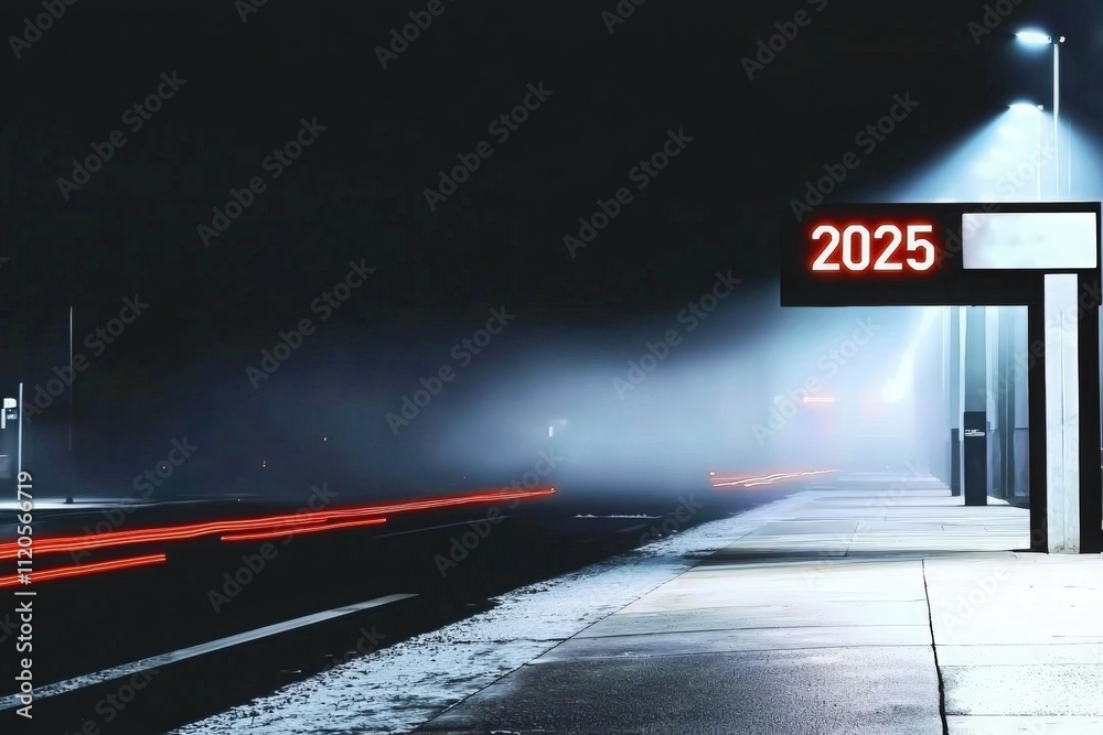 A train station at night features a prominent digital display showing the year 2025. Fog envelops the area, and red light trails hint at train movement along the tracks.