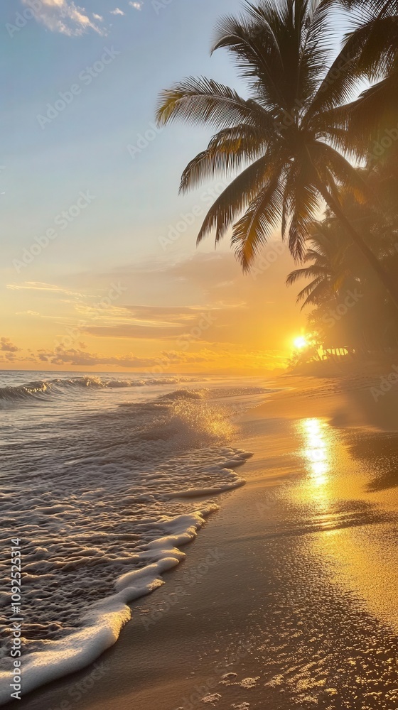 A tranquil beach at sunset features a beautiful golden sky reflected on the water. Palm trees sway against the backdrop of waves gently lapping the shore, creating a serene atmosphere.