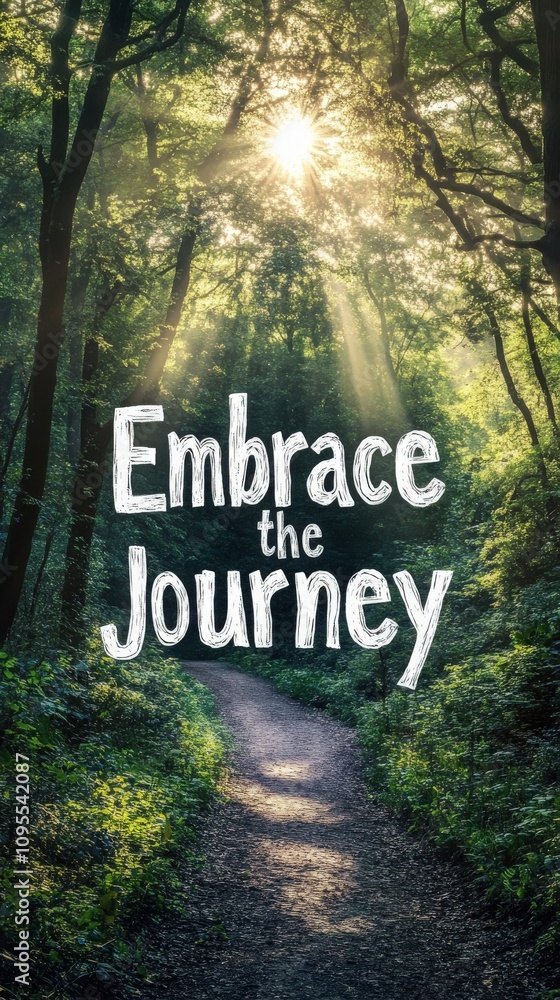 A tranquil forest path winds through dense greenery, illuminated by beams of sunlight filtering through the trees. The peaceful setting encourages exploration and reflection on nature.