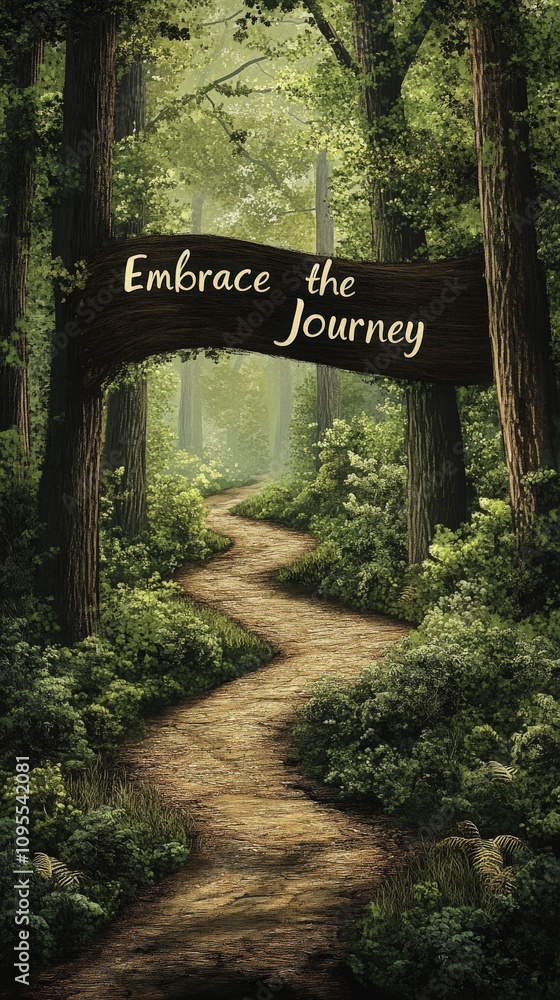 A tranquil forest pathway invites exploration, with tall trees lining a winding trail. Soft sunlight filters through the leaves, creating a peaceful atmosphere for adventurers.