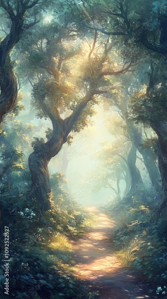 A tranquil forest pathway is illuminated by sunlight filtering through the branches of ancient trees. The scene is filled with lush greenery and soft shadows, creating a peaceful atmosphere.