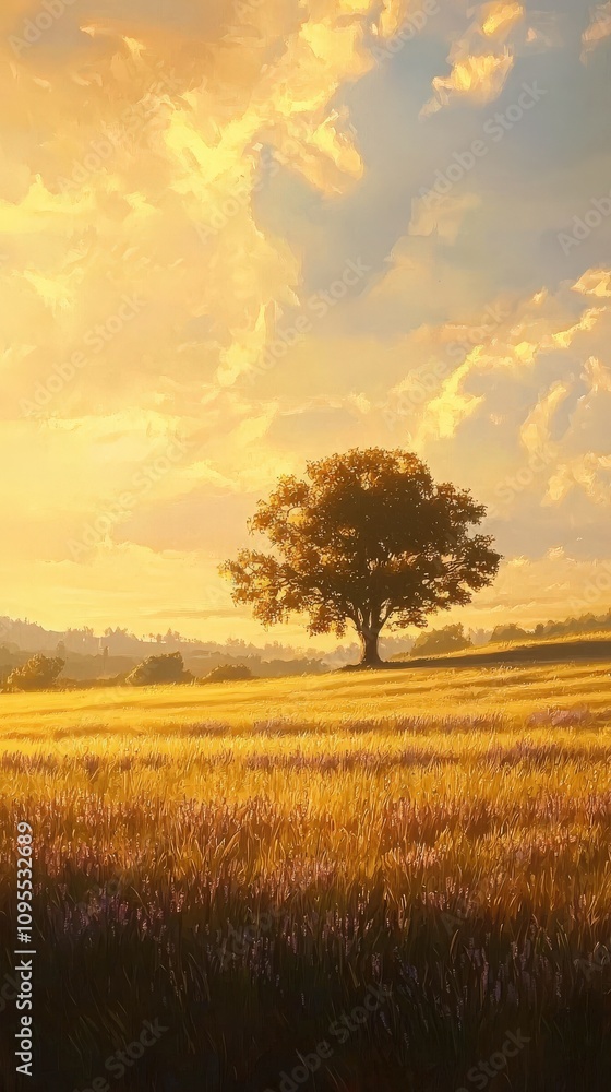 A tranquil landscape showcases a solitary tree amidst golden fields illuminated by a vibrant sunset. Rolling hills create a scenic backdrop under a colorful sky filled with clouds.