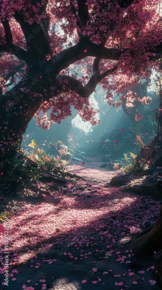A tranquil pathway is surrounded by blooming cherry blossom trees with pink petals scattered on the ground. Early morning sunlight filters through the branches, creating a peaceful atmosphere.
