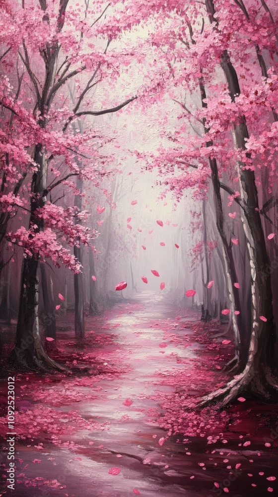 A tranquil pathway meanders through a forest adorned with vibrant pink blossoms. Petals cascade gently onto the waters surface, creating a peaceful atmosphere in the early spring.