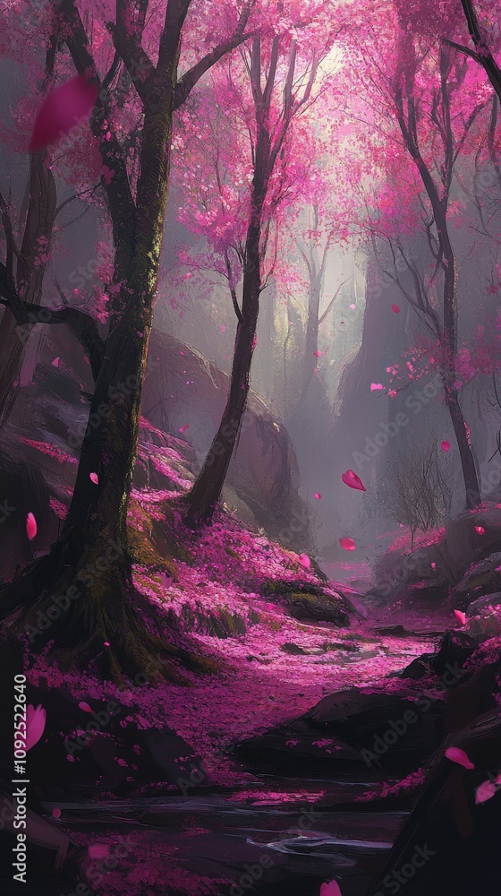 A tranquil pathway winds through a dense forest filled with blooming cherry blossom trees. Pink petals drift gently from the branches, creating a colorful carpet on the ground.