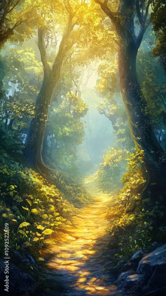 A tranquil pathway winds through a lush forest, illuminated by warm sunlight filtering through the canopy. The vibrant greens and soft shadows create a peaceful mood, inviting exploration.