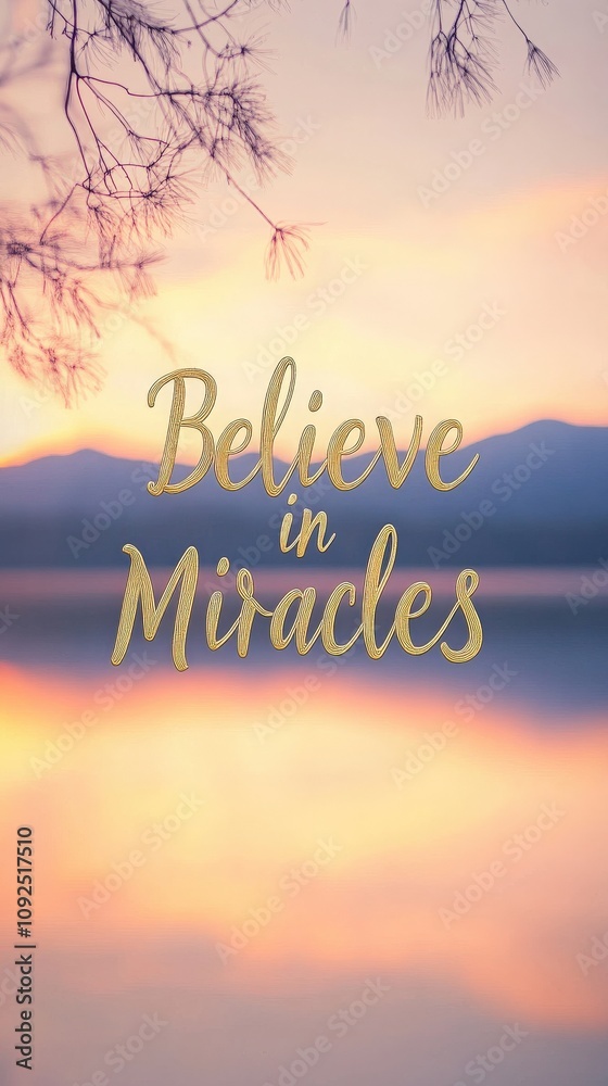 A tranquil sunset over a still body of water creates a peaceful atmosphere, featuring the uplifting message Believe in Miracles in elegant lettering, inspiring hope and positivity.