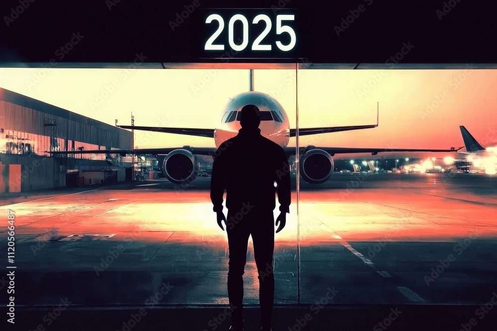 A traveler stands silhouetted in front of an airplane at an airport during sunset. The scene captures anticipation for the future, with 2025 prominently displayed.