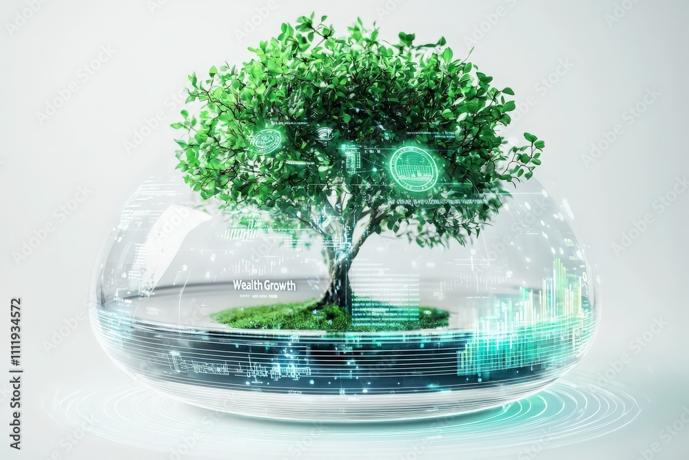A tree sits within a glass container filled with soil, surrounded by digital graphics representing financial growth. The scene blends nature and technology, illustrating a harmonious balance.