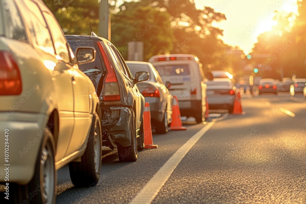 A truck has collided with a car on a crowded urban road at sunset, causing a traffic backup. Emergency vehicles are visible as drivers assess the damage.