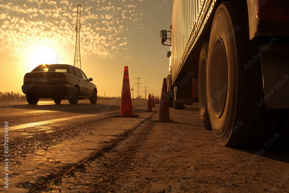 A truck has collided with a car on a highway at sunset. Traffic cones mark the area while a silhouette of the damaged vehicles is visible against the bright sky, indicating a serious incident.