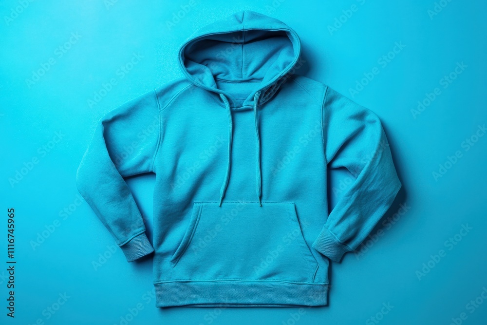 A turquoise hoodie is laid flat on a bright blue surface in a studio. The casual garment features a front pocket and drawstring hood, emphasizing a vivid, modern aesthetic.
