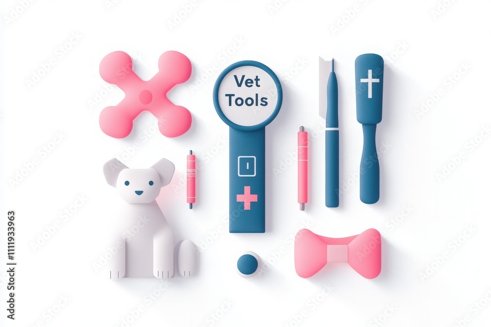 A variety of veterinary tools are showcased alongside a cute puppy figure, emphasizing animal care. The colorful arrangement highlights the importance of veterinary equipment for pet health.