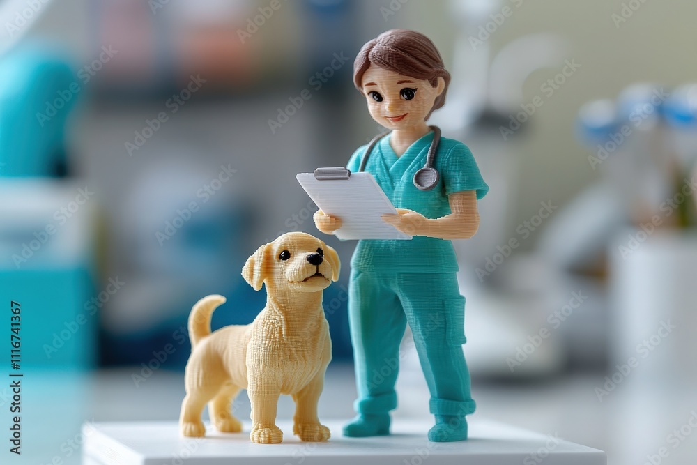 A veterinarian in scrubs stands with a clipboard next to a yellow dog. The setting is a veterinary clinic, showcasing a caring interaction focused on pet health.