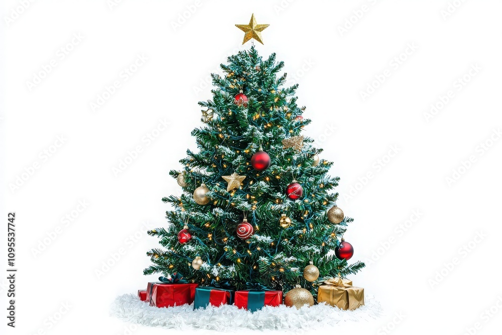 A vibrant Christmas tree stands tall, adorned with ornaments, lights, and a golden star on top. Colorful gifts are neatly placed under the tree, creating a cheerful festive atmosphere.