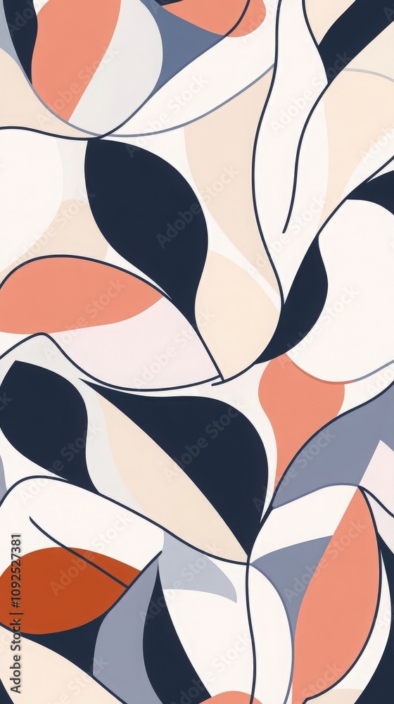 A vibrant abstract composition featuring flowing shapes and contrasting colors. The design showcases a mix of blues, peach, and cream tones, creating a dynamic visual impact.