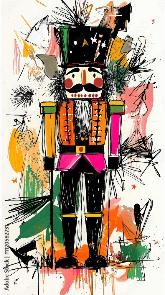 A vibrant and artistic depiction of a nutcracker toy soldier with a colorful uniform and whimsical elements. The background is filled with abstract splashes of color, enhancing its festive appeal.