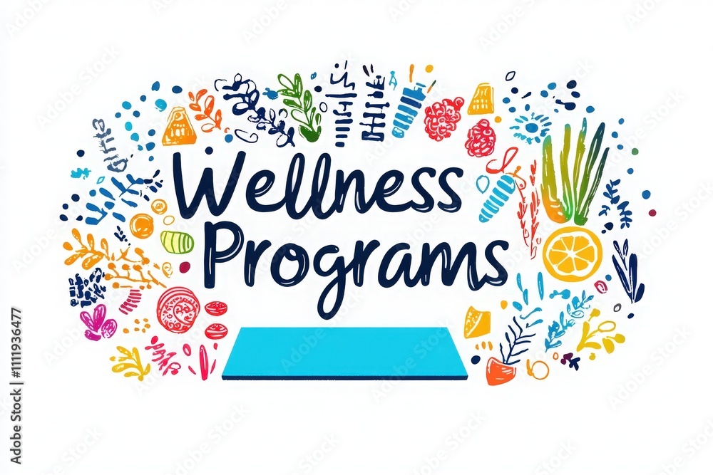 A vibrant and artistic representation highlights wellness programs. Colorful elements and fresh ingredients surround bold text, emphasizing health and well-being themes in a fun way.