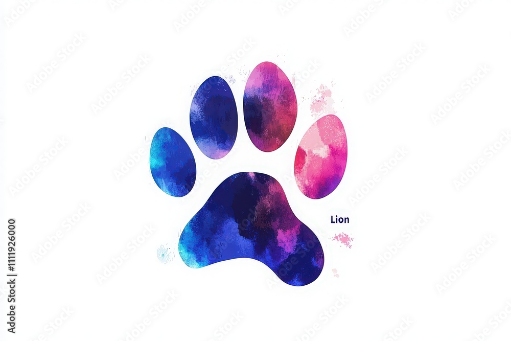 A vibrant and artistic representation of a lions paw print is styled with watercolor effects. Various colors blend together, creating an eye-catching piece suitable for animal lovers.