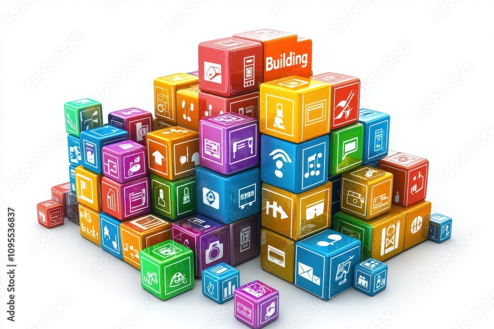 A vibrant arrangement of building blocks showcasing various symbols related to technology, communication, and development. The blocks are stacked in a creative manner to depict growth and innovation.