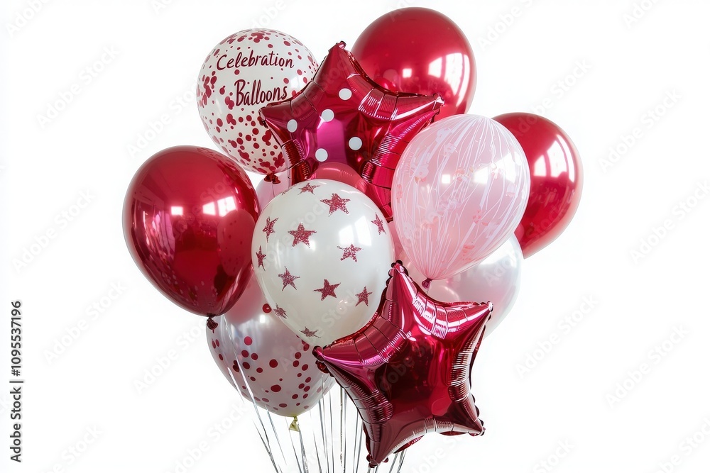 A vibrant arrangement of red, pink, and white balloons, featuring stars and a celebratory message, ideal for parties, birthdays, or gatherings. Perfect for adding joy to any occasion.