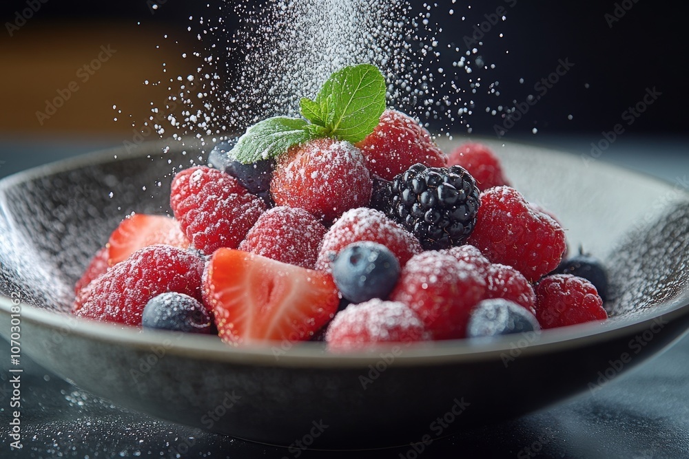 A vibrant assortment of fresh berries sits in a black bowl, garnished with a mint leaf and dusted with powdered sugar, creating an enticing and colorful display perfect for dessert or breakfast.
