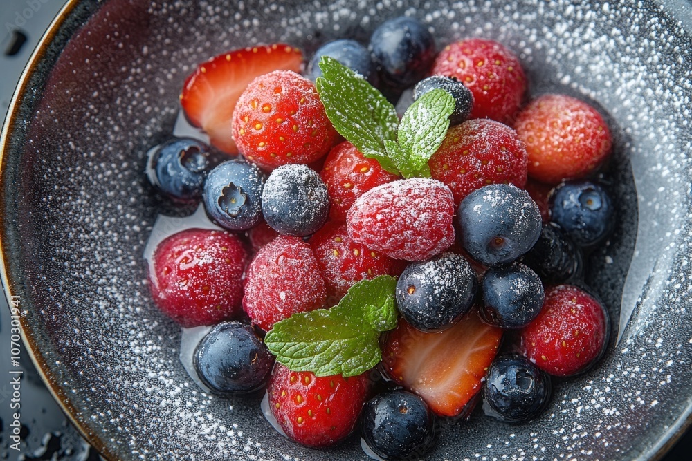 A vibrant assortment of fresh strawberries, blueberries, and raspberries fills a bowl, garnished with mint leaves and a light dusting of powdered sugar.