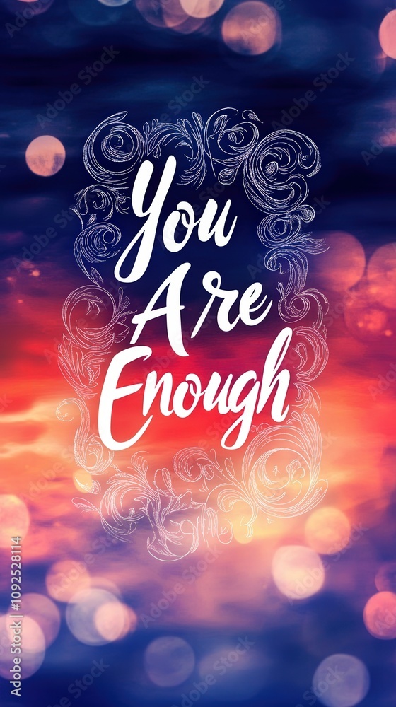 A vibrant background displays the encouraging phrase You Are Enough surrounded by soft bokeh effects. The colors blend seamlessly, creating a calming and uplifting atmosphere.